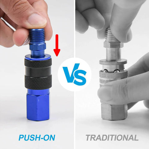 Comparison of push-on versus traditional air coupler from 15 Piece Air Hose Fittings Kit With One Quarter Inch Universal Air Couplers And Industrial Air Plugs, Quick Connect Fittings With Storage Case, Includes FNPT and MNPT Couplers, Plugs And Thread Seal Tape For Easy, Durable, Pro Grade Air Accessory Setup.