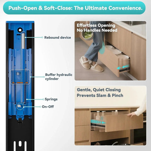 Diagram of Push To Open Soft Close Drawer Slides Set 1 Pair Two Thirds Full Extension Side Mount Ball Bearing Runners in Black Finish.