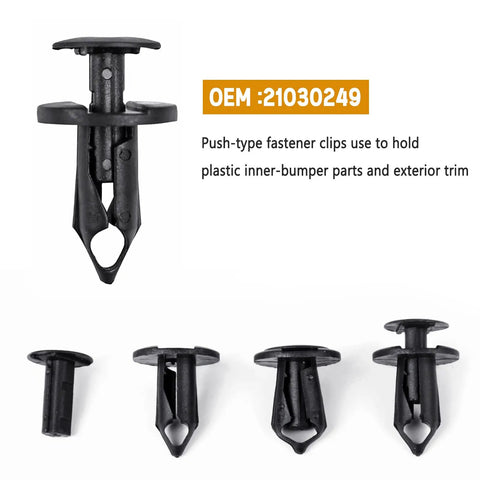 Push-type fastener clips OEM 21030249, used for plastic inner-bumper parts and exterior trim.