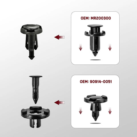 Subaru Compatible 121Pcs Push Rivet Clips Set Pro Grade In 7mm 8mm 9mm 10mm Sizes For Bumper Fender Engine Cover And Grille Retainers Replacement 909140007 909140065 909140051 With Removal Tool Xislet shown with OEM MR200300 and OEM 90914-0051 clips
