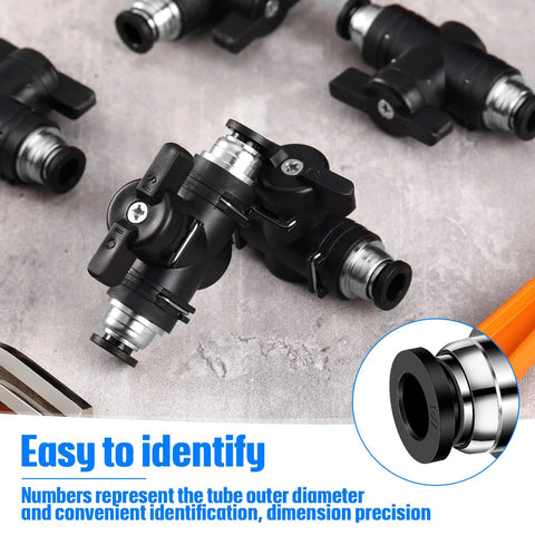 Five-piece push-to-connect pneumatic ball valve fittings, 1/4" x 1/4" OD, black plastic bodies with metal ends