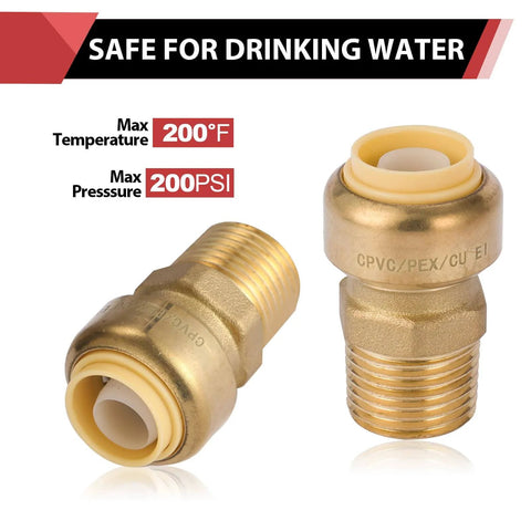 Two Pack Three Quarter Inch Push To Connect Male Adapters For Copper PEX CPVC And PE-RT Pipes With Disconnect Clip