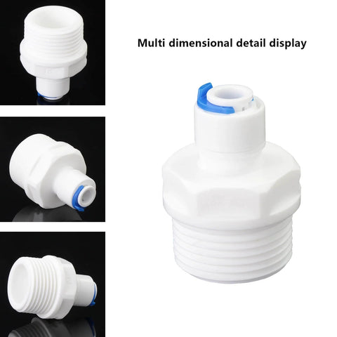 Three Quarter Inch Male Thread To One Quarter Inch OD PE Tube Push To Connect Straight Adapter For Plug And Play RO Water Filtration System Hose Double Joint Pre Purifier Water Purifier Plastic MNPT Fittings Set Of Three shown in multiple angles