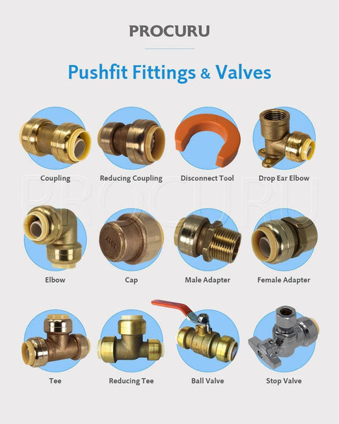 Assorted pushfit fittings and valves including coupling, elbow, cap, and Easy Push Fit Angle Stop Valve Half Inch Inlet To Three Eighth Inch Compression Outlet Quarter Turn Brass Shutoff For Copper PEX CPVC PERT HDPE Pipes LF Certified Safe 10 Pack.