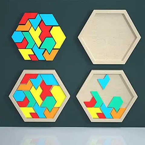 4 hexagonal silicone tray molds, 5 Piece Puzzle Resin Molds Set for epoxy casting, showing tangram shapes in vibrant colors.