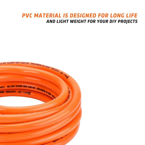 Coiled orange PVC hose from the Three Eighth Inch PVC Air Hose Kit 25 Foot With Seventeen Piece Accessory Set Featuring Solid Brass Ends