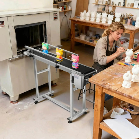 Side view of Industrial PVC Belt Conveyor 47 Inch By Seven Point Eight Inch In Corrosion Resistant Stainless Steel in workshop