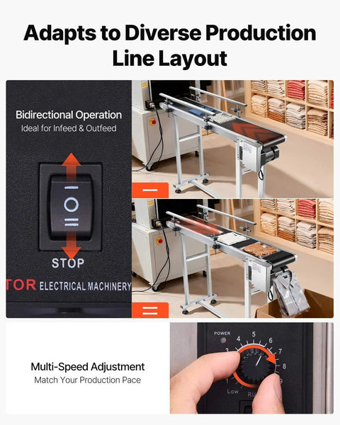 Industrial PVC Belt Conveyor 47 Inch By Seven Point Eight Inch In Corrosion Resistant Stainless Steel With 110 Volt Electric Adjustable Speed and Double Guardrail, control switch focus.