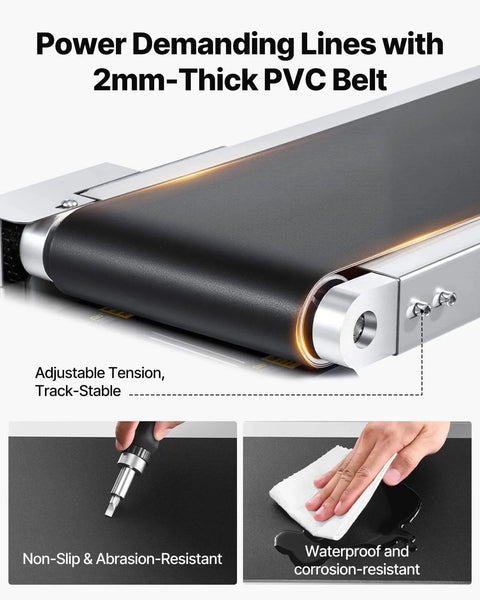 Industrial PVC Belt Conveyor 47 Inch By Seven Point Eight Inch in corrosion resistant stainless steel with double guardrail close-up