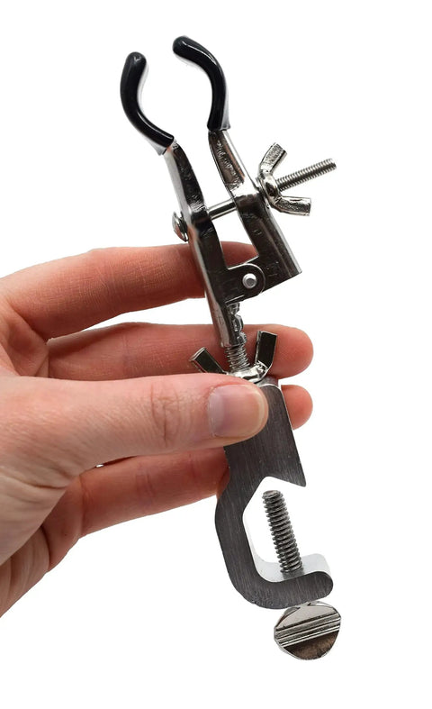 Burette Clamp With Bosshead And Test Tube Holder, PVC-coated round jaws, 360-degree adjustable, held in hand showing no-slip grip