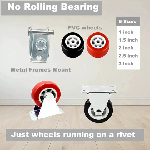 Assorted PVC wheels and metal frames for furniture, no rolling bearing, available in sizes 1 to 3 inches, multiple views.