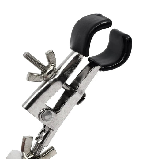 Close-up of Five Pack Burette Clamp With Bosshead And Test Tube Holder For Lab Use, PVC Coated Round Jaws Deliver Non Slip Grip