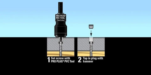 PVC Decking Driver Tool With Auto Stop For Pro Plug System in use with free spinning stop collar and plug tapping process illustration