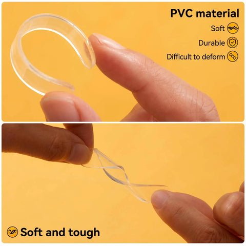 Hands holding transparent PVC material of 10 Pack Wall Bumpers And Door Stoppers For Furniture No Slam Cushions Self Adhesive Anti Collision Pads With 3M Bond
