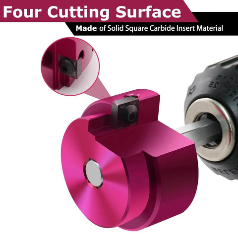 Close-up of PVC Fitting Saver Two Inch Head With Three Eighths Inch Hex Shaft PVC Pipe Reamer, attached to drill, showing carbide cutting surface.