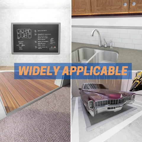 3.28FT PVC Floor Transition Strip, Peel and Stick Molding Trim shown in various home and garage applications, including carpet to tile transition