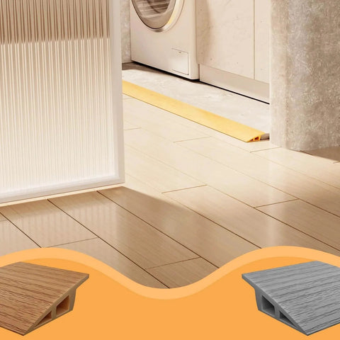Installed Floor Transition Strip 3.3ft, Double Sided Self-Adhesive PVC Floor Transition Strip, light brown in a doorway.