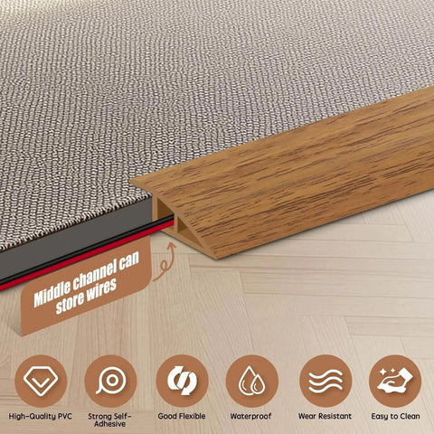 Floor Transition Strip Door Threshold 39" Floor Transition Reducer Trim on The Edges Threshold Strip Self Adhesive Suitable for Doorways, Tiles, Carpet with a middle channel for wire storage.