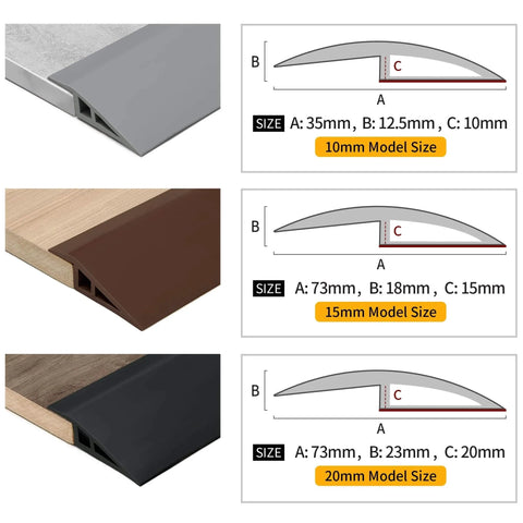 Diagram of Carpet & Floor Edging Trim Strip, Self Adhesive-PVC Floor Transition Strip, showing different sizes and profiles, black trim shown.