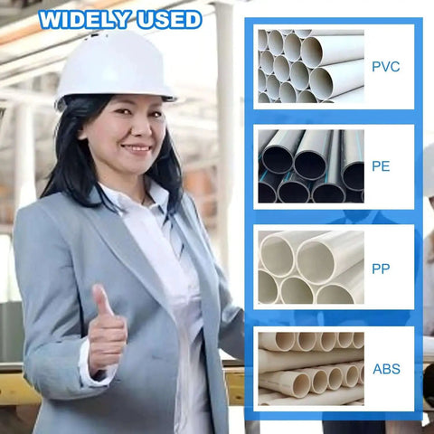 Smiling person in hard hat next to images of PVC, PE, PP, ABS pipes labeled as widely used materials.
