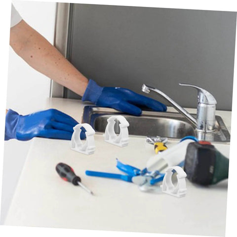 Person using 35 Piece Pipe Clamp Buckle Repair Kit For Water Pipes And Hoses, Heavy Duty PVC Clamp Set near a kitchen sink.