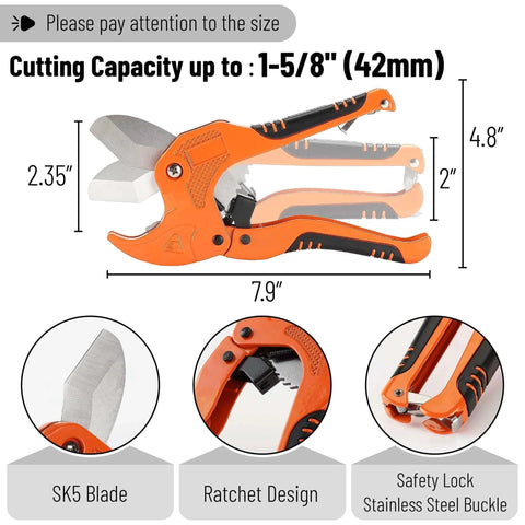 Ratcheting PVC Pipe Cutter for 1-1/4 in Pipes with Manganese Steel Body and Rubber Handle, side view with cutting capacity labels