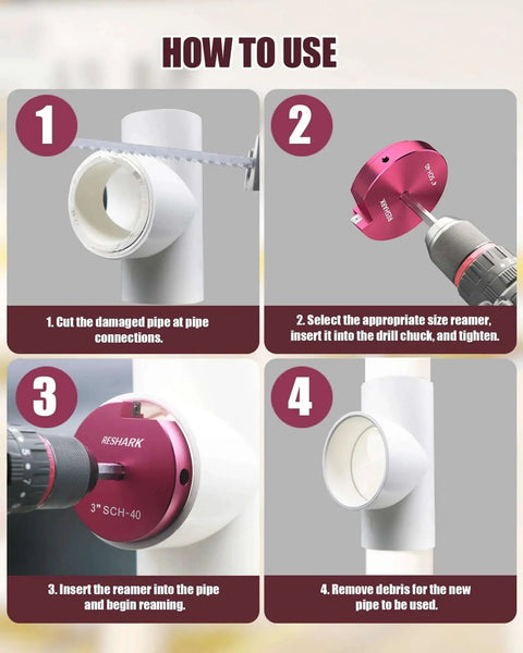 Instructions for using 2 Inch PVC Pipe Reamer Fitting Saver Socket For Schedule 40 PVC Deburring Tool Fits Standard One Half Inch Drill