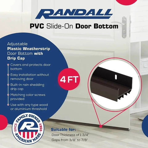Randall 4 FT (48") PVC Slide-On Door Bottom with drip cap highlighted on packaging for 1 3/4” doors, fits gaps 3/8” to 7/8”
