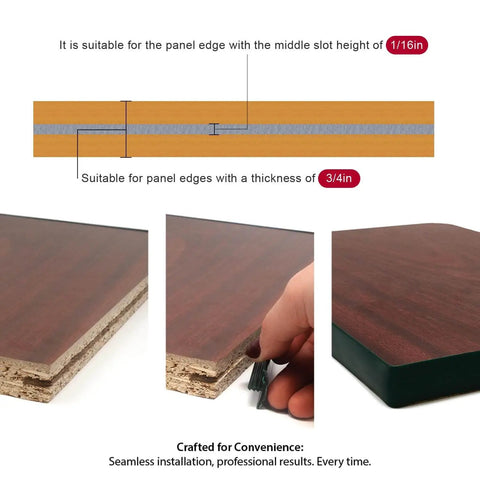 Installation of 25 Ft White 3/4 Inch Plastic Center Barb T Molding Edge Banding on wooden edge, showing flexible PVC trim.
