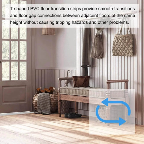 Living room with visible T-Molding Transition Strips, 9.84 ft x 1.97" (L x W) PVC Floor Flat Divider Strip Self Adhesive Vinyl Flooring Edging Trim