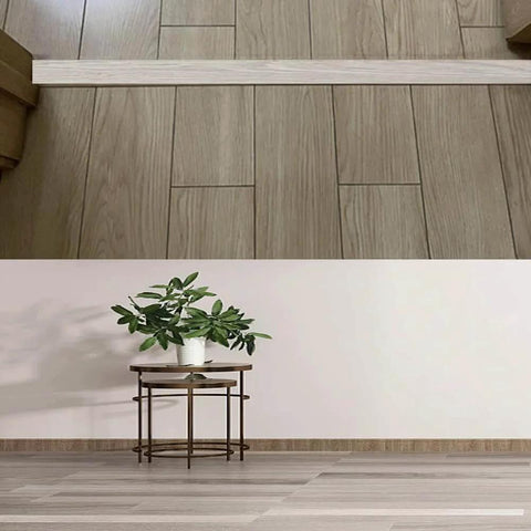 Self Adhesive Flat Floor Transition Strip in Yellow Oak connecting PVC laminate floors, showing seamless threshold divider installation.