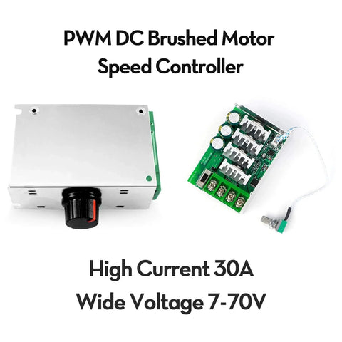 7-70V PWM DC Motor Speed Controller 30A - Low Heat Aluminum Housing for Brushed DC Motors, DIY Projects & Small Electric Devices (Extra Fuse Included) Green, showing controller and circuit board.