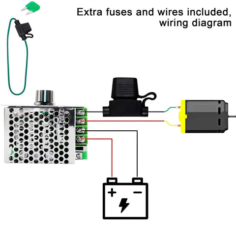 Wiring diagram of 7-70V PWM DC Motor Speed Controller 30A - Low Heat Aluminum Housing for Brushed DC Motors, DIY Projects Green