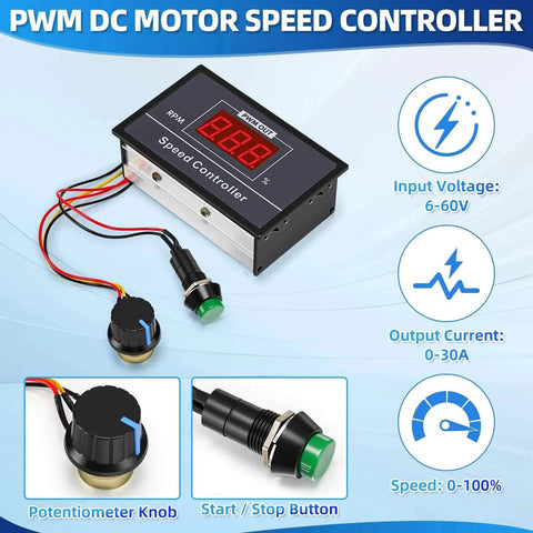 PWM DC motor speed controller with potentiometer and start/stop button, 6-60V, 0-30A, for 4 Pack Small Brushed Permanent Magnet Electric Motor for E Scooter Speed Control 24v 350w 3000rpm and Gt2 Pulleys 6-60v 12v 24v 36v 48v 30a PWM Dc Motor Controller 30a Switch Controller.