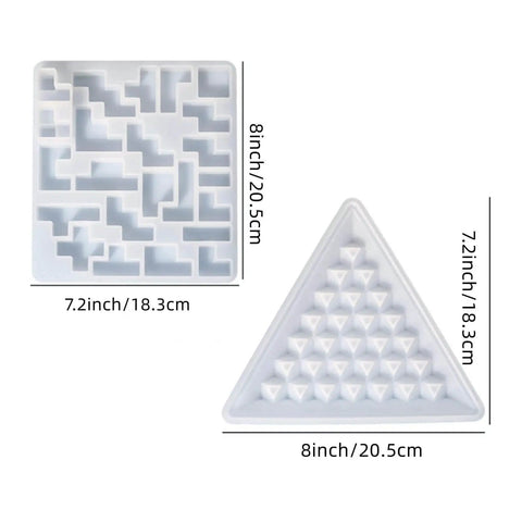 Pyramid Resin Puzzle Molds 2 Pack Silicone Mold for epoxy resin casting showing two molds, triangle and square, with dimensions.