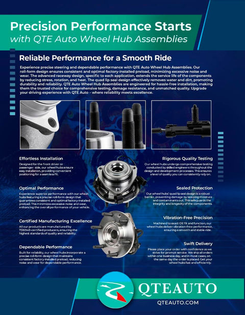 QTE Auto wheel hub assemblies promotional flyer with product features and brand logo.