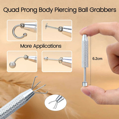 Quad prong body piercing ball grabbers, detailed view showing multiple applications for piercing management.