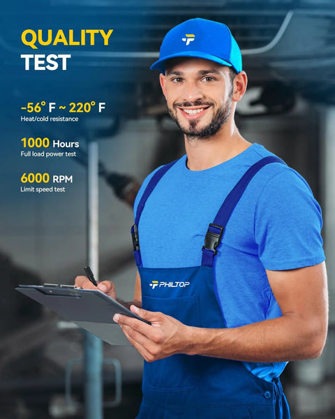 Mechanic holding clipboard in blue uniform and hat performing quality test in automotive workshop
