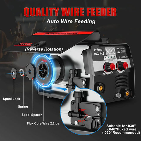 Close-up of 3 in 1 MIG TIG Stick Welder with quality wire feeder, showing auto wire feeding mechanism and control panel.