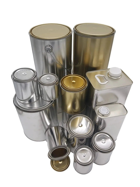 Quart Size Metal Paint Cans Two Pack With Lids Autorind Tinplate Unlined Silver Finish shown with other metal containers