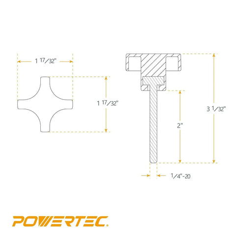 Technical drawing of 5 Pack Quarter Inch 20 TPI Four Point Knobs With 2 Inch Threaded Studs