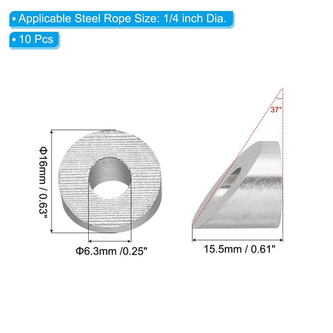 Diagram showing dimensions of 1/4 37 Degree Beveled Washer For Cable Railing T316 Stainless Steel 10 Pack