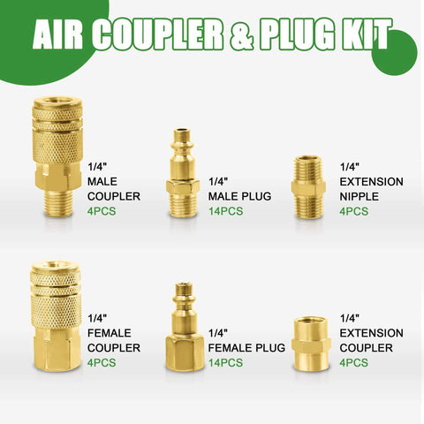 45 Piece One Quarter NPT Quick Connect Air Fittings Kit With Male And Female Couplers Plugs Hex Nipples Teflon Tape