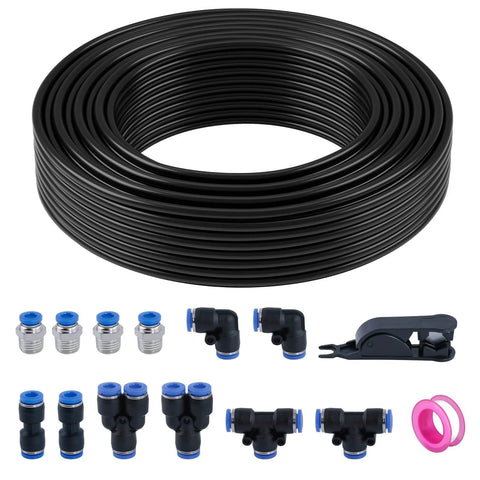 One Quarter Inch Air Line Tubing Kit With Fifty Foot Black Nylon Air Hose And Push To Connect Fittings For Air Brake System Or Fluid Transfer SAE J844 PA Nylon Hose Fifteen Piece All In One Accessory Kit Including Splitters Elbows Tees And Unions