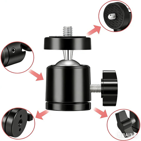 Quarter Inch Mini Ball Head Tripod Mount 3 Pack With 360 Degree Rotating Panoramic Base Adapters for DSLR cameras close-up view.