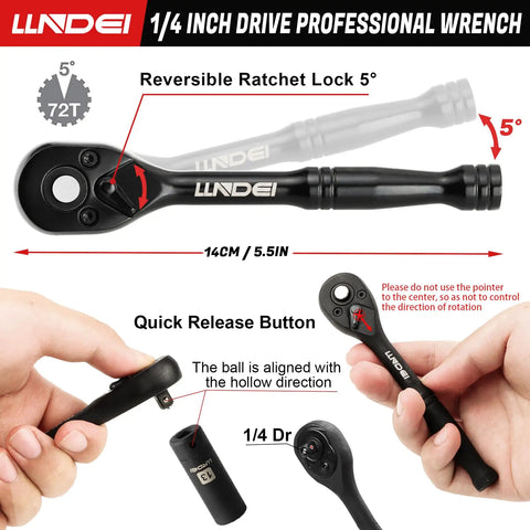 Impact Socket Set One Quarter Inch Drive 83 Piece With SAE And Metric Sizes Showing 72 Tooth Ratchet Handle and Quick Release