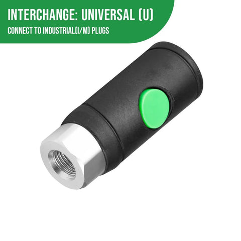 One Quarter Inch Female Industrial Air Coupler With Push Button Safety Quick Disconnect IM Type Aluminum Body Nylon Wrapped Tip