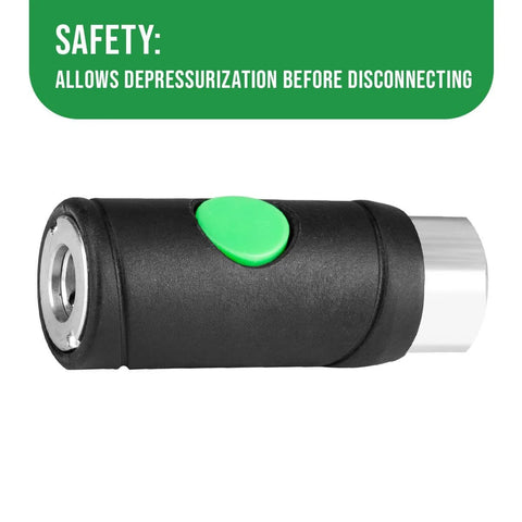 One Quarter Inch Female Industrial Air Coupler With Push Button Safety Quick Disconnect IM Type Aluminum Body Nylon Wrapped Tip