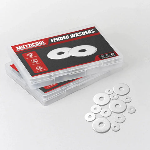 Pack of 50 Quarter Inch Fender Washers 1 Inch Diameter 304 Stainless Steel with packaging and scattered washers