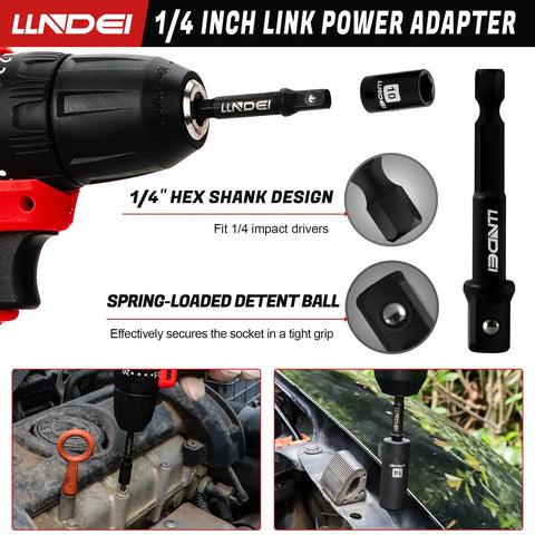 1/4 inch link power adapter with hex shank, visible in drill, fitting impact drivers, spring-loaded detent ball for a tight grip.